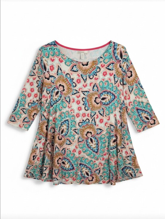 Chico's Tops - Chico's Pink Teal Paisley Floral 3/4 Sleeve Knit Tunic Top Size 3 XL